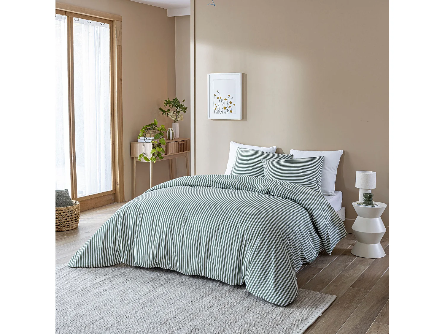 Parure de lit 260x240 coton à rayures vert Terre de Nuit Horizon