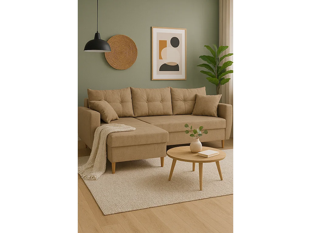 Canapé d’angle avec fonction de couchage, côté gauche ROMEO L, tissu Manila 21 beige, 234x156x74 cm