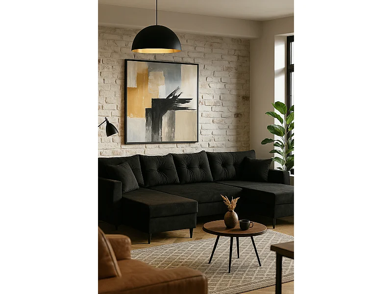 Narożnik z funkcją spania, ROMEO U , tkanina Riviera 100 czarna, wymiary 300 × 156 × 74 cm.