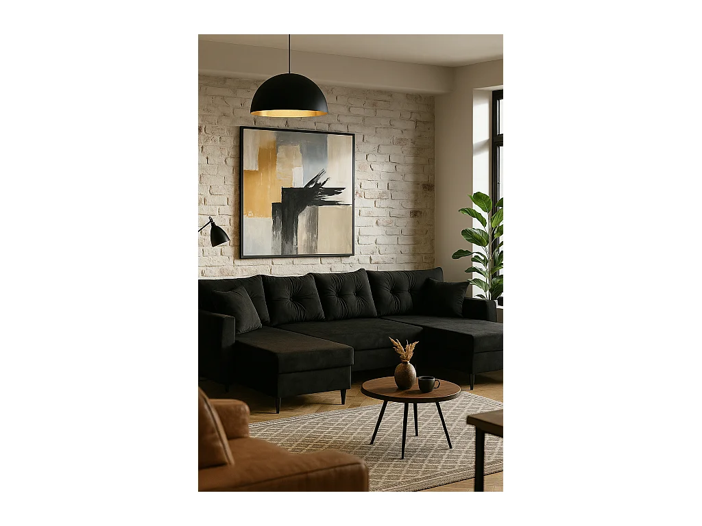 Narożnik z funkcją spania, ROMEO U , tkanina Riviera 100 czarna, wymiary 300 × 156 × 74 cm.