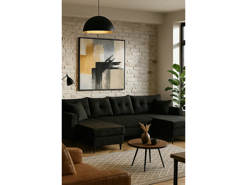 Canapé d’angle avec fonction de couchage ROMEO U, tissu Riviera 100 noir, dimensions 300 × 156 × 74 cm