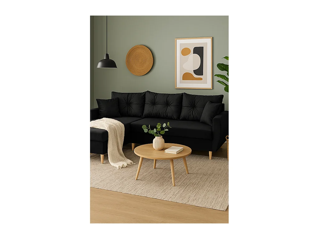 Canapé d’angle avec fonction de couchage, côté gauche ROMEO L, tissu Riviera 100 noir, 234x156x74 cm