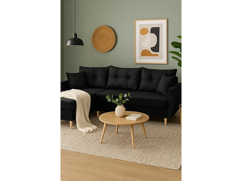 Canapé d’angle avec fonction de couchage, côté gauche ROMEO L, tissu Riviera 100 noir, 234x156x74 cm