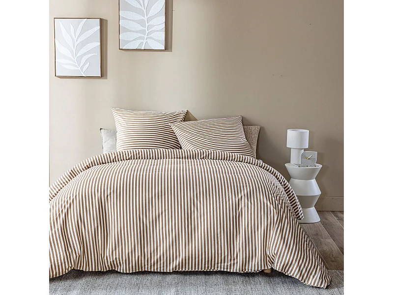 Parure de lit 200x200 coton à rayures marron Terre de Nuit Horizon