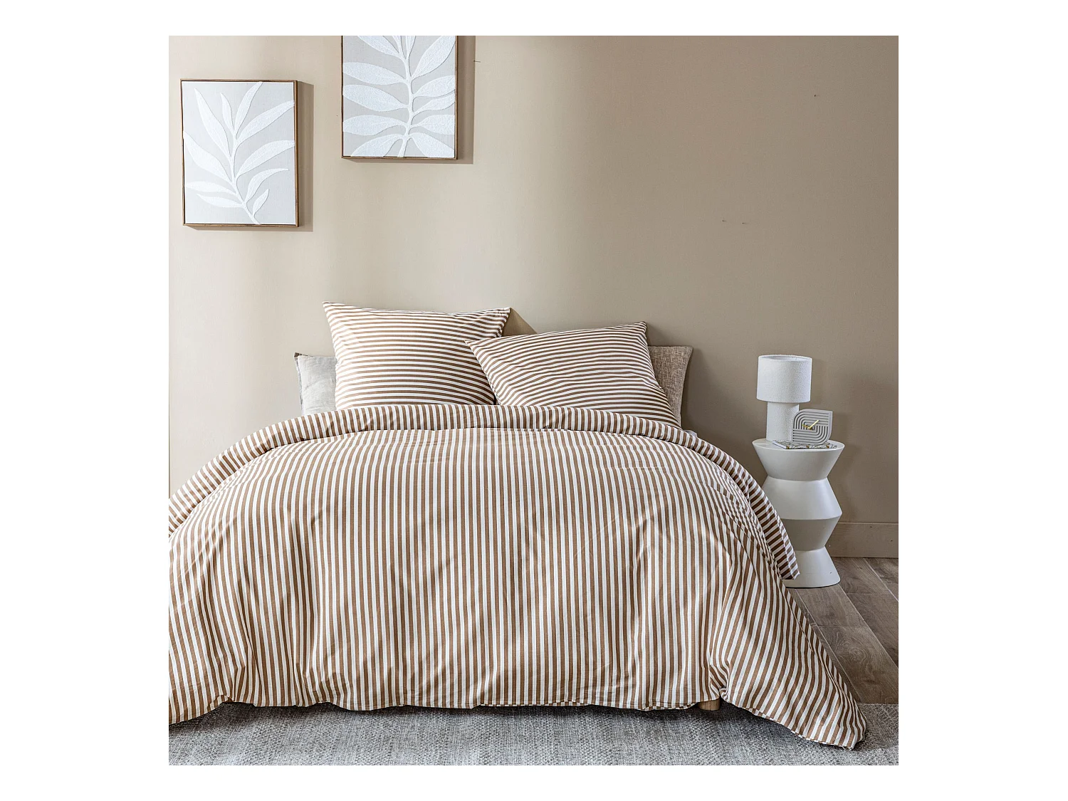 Parure de lit 200x200 coton à rayures marron Terre de Nuit Horizon
