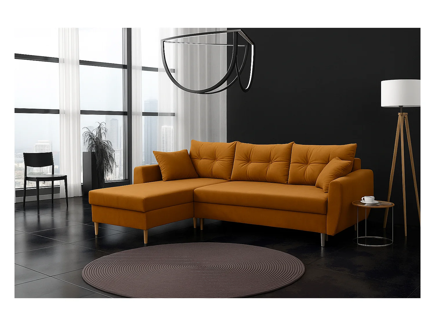 Canapé d’angle avec fonction de couchage, côté gauche  ROMEO L, tissu Riviera 41 moutarde, 234x156x74 cm