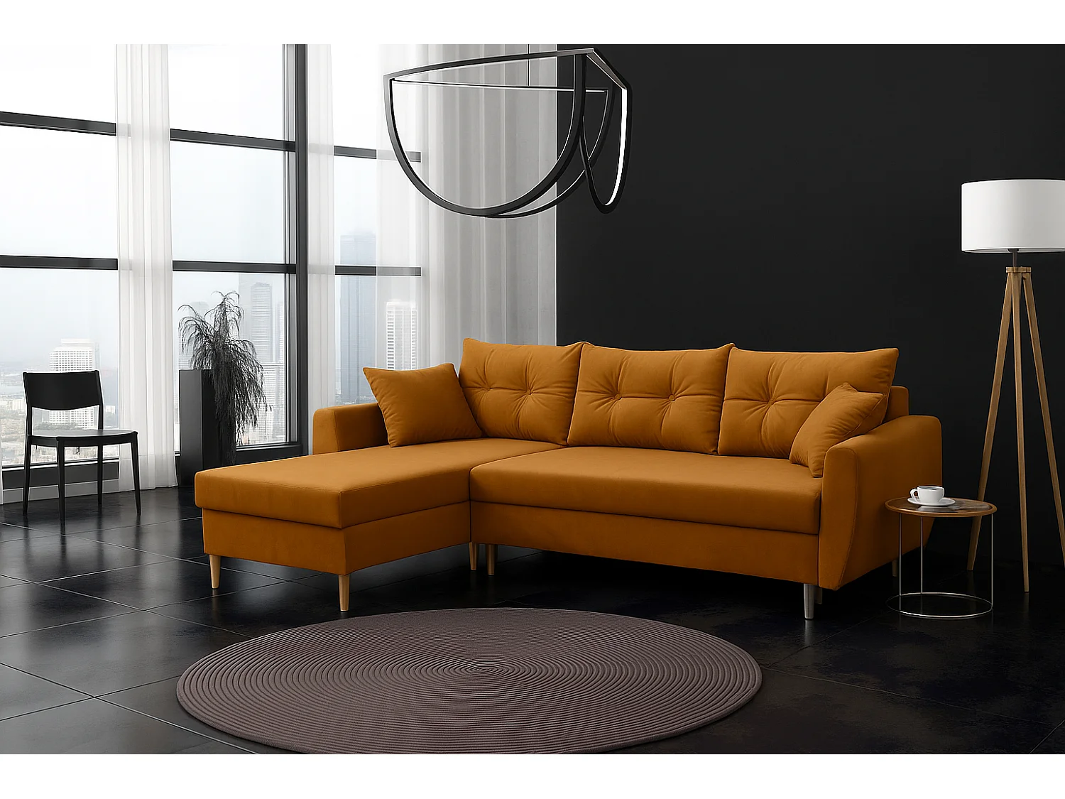 Hoekbank met slaapfunctie, linkse uitvoering ROMEO L, stof Riviera 41mosterdgeel , 234x156x74 cm