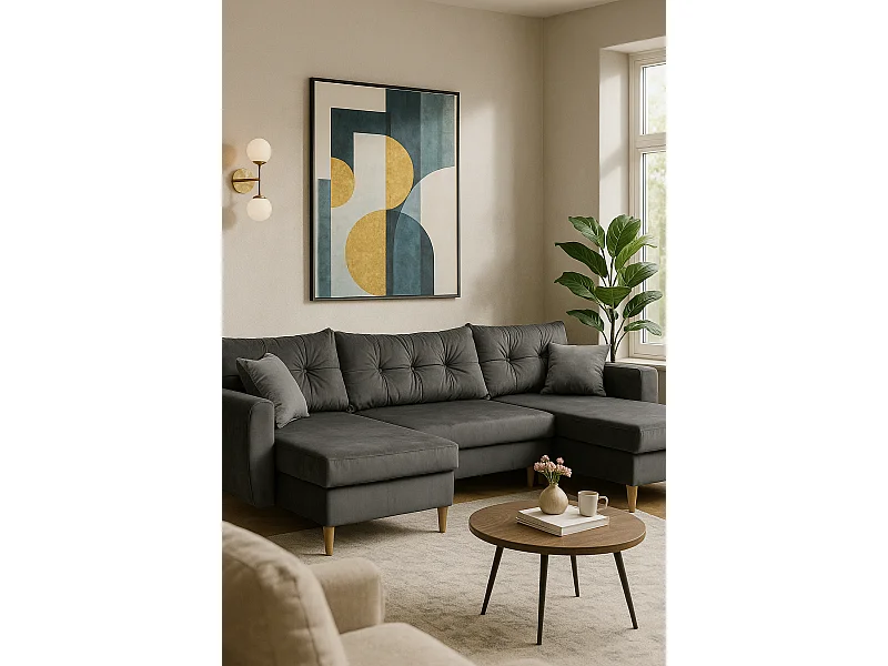 Hoekbank met slaapfunctie ROMEO U, stof Riviera 95 grijs, afmetingen 300 × 156 × 74 cm