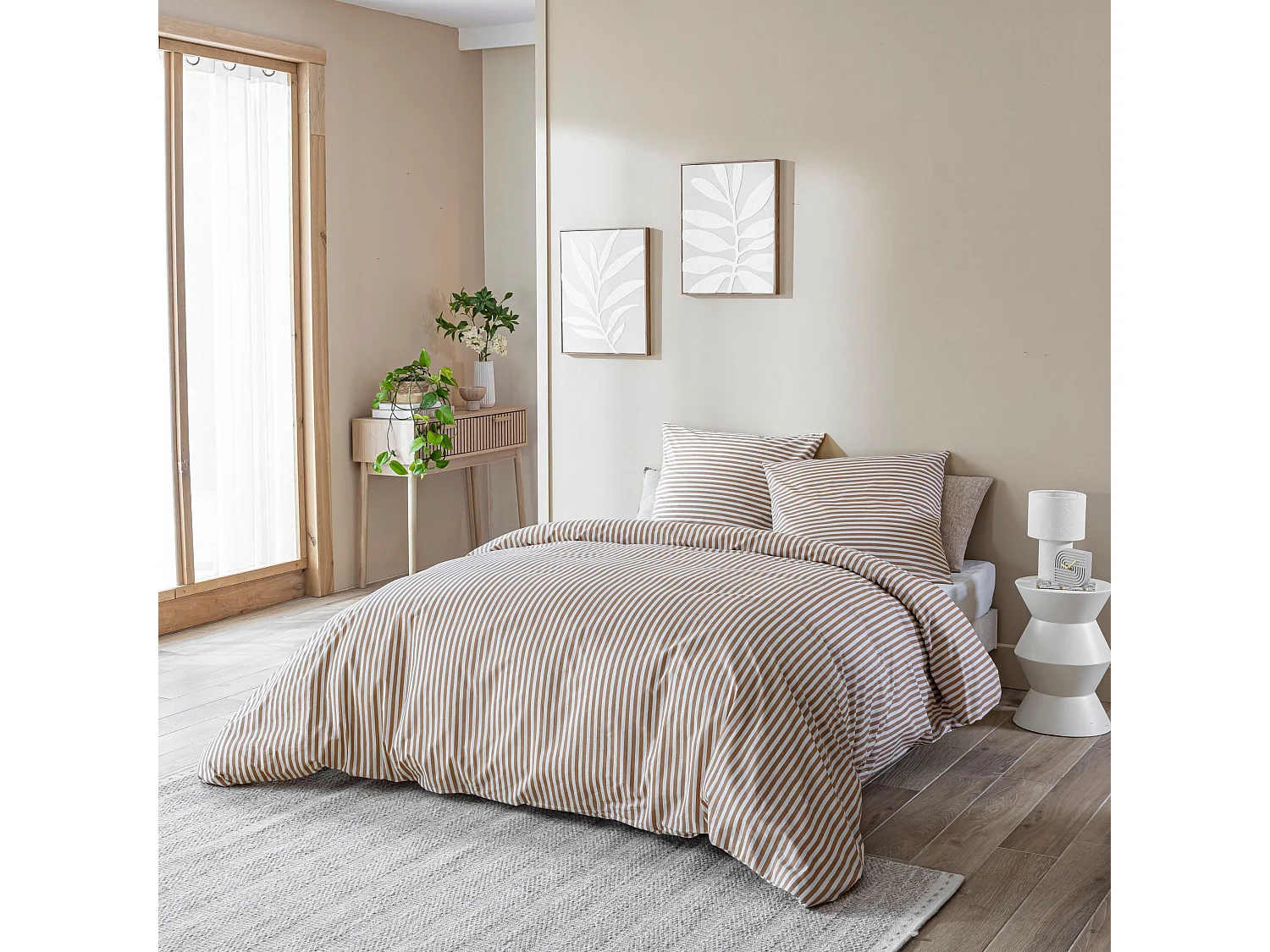Parure de lit 140x200 coton à rayures marron Terre de Nuit Horizon