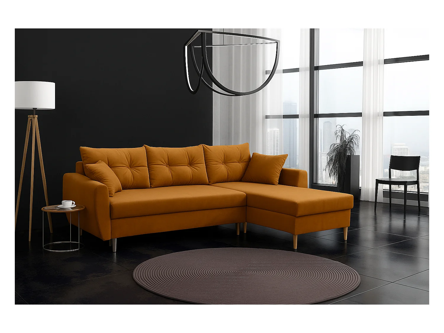 Canapé d’angle avec fonction de couchage, côté droit ROMEO L, tissu Riviera 41 moutarde, 234x156x74 cm