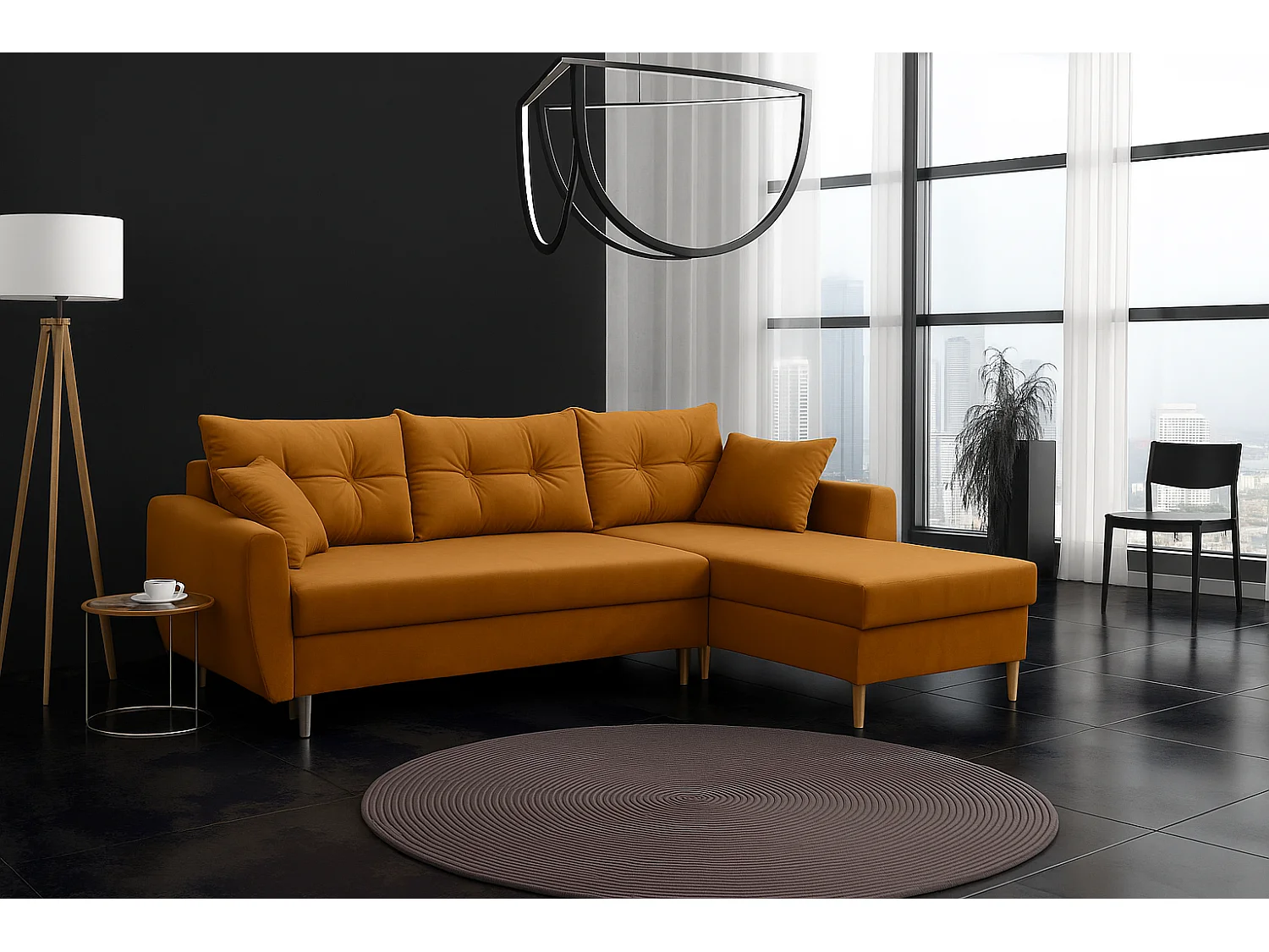 Canapé d’angle avec fonction de couchage, côté droit ROMEO L, tissu Riviera 41 moutarde, 234x156x74 cm