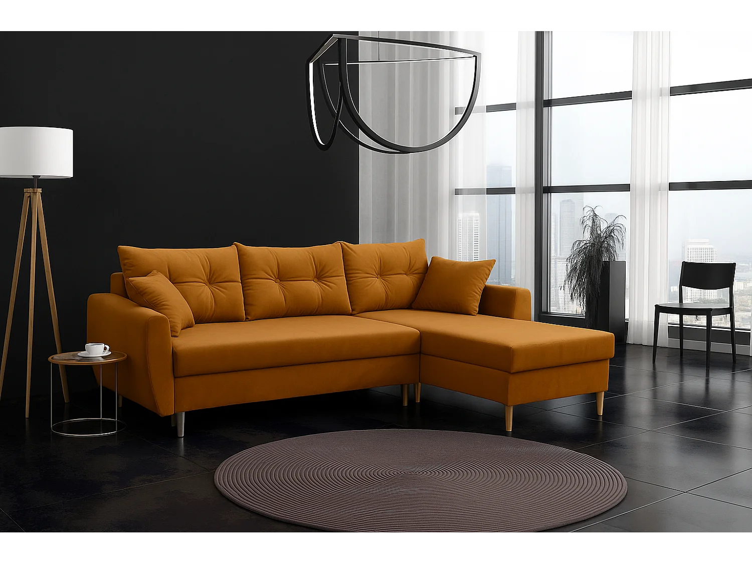 Hoekbank met slaapfunctie, rechtse uitvoering ROMEO L, stof Riviera 41 mosterdgeel, 234x156x74 cm