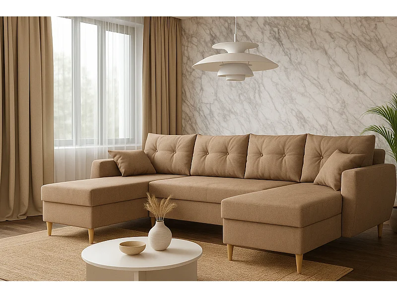 Hoekbank met slaapfunctie ROMEO U, stof Manila 21 beige, afmetingen 300 × 156 × 74 cm