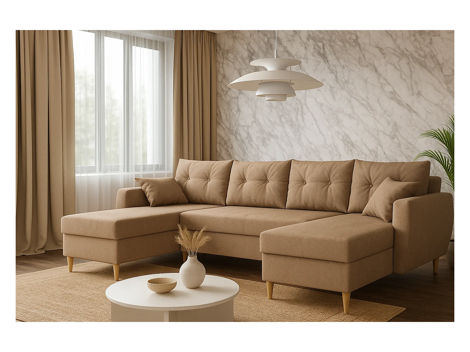 Ecksofa mit Schlaffunktion ROMEO U, Stoff Manila 21 Beige, Maße 300 × 156 × 74 cm