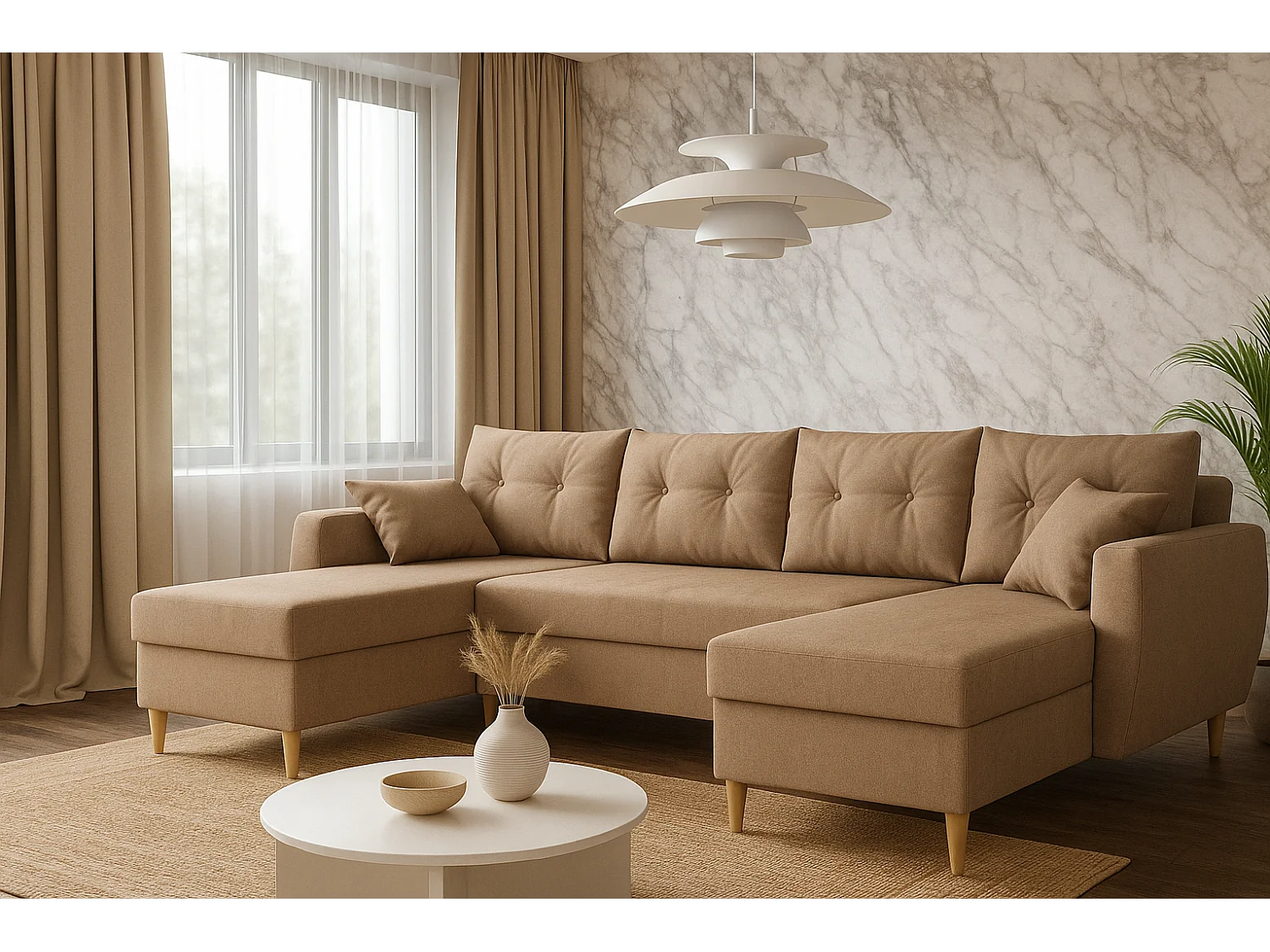 Hoekbank met slaapfunctie ROMEO U, stof Manila 21 beige, afmetingen 300 × 156 × 74 cm