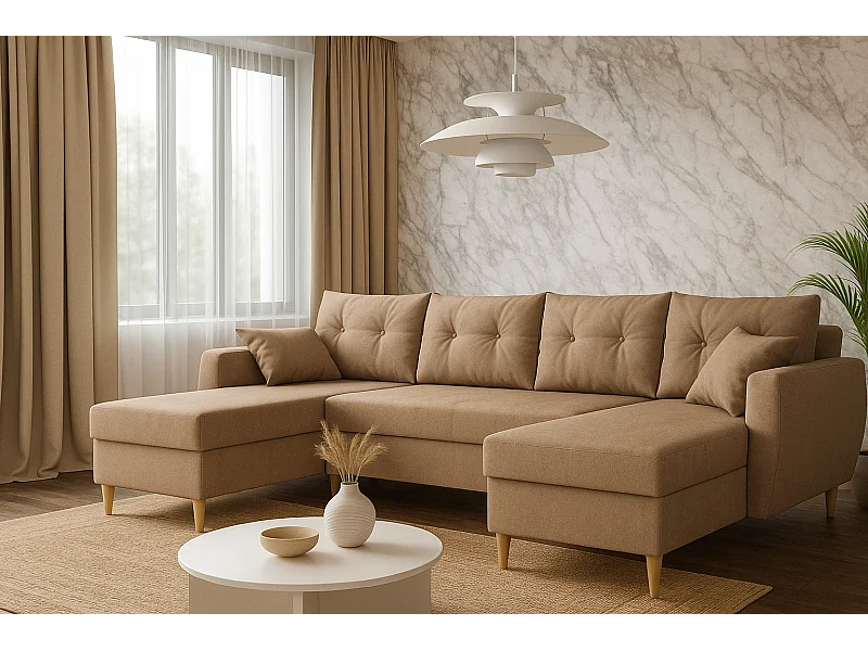 Ecksofa mit Schlaffunktion ROMEO U, Stoff Manila 21 Beige, Maße 300 × 156 × 74 cm