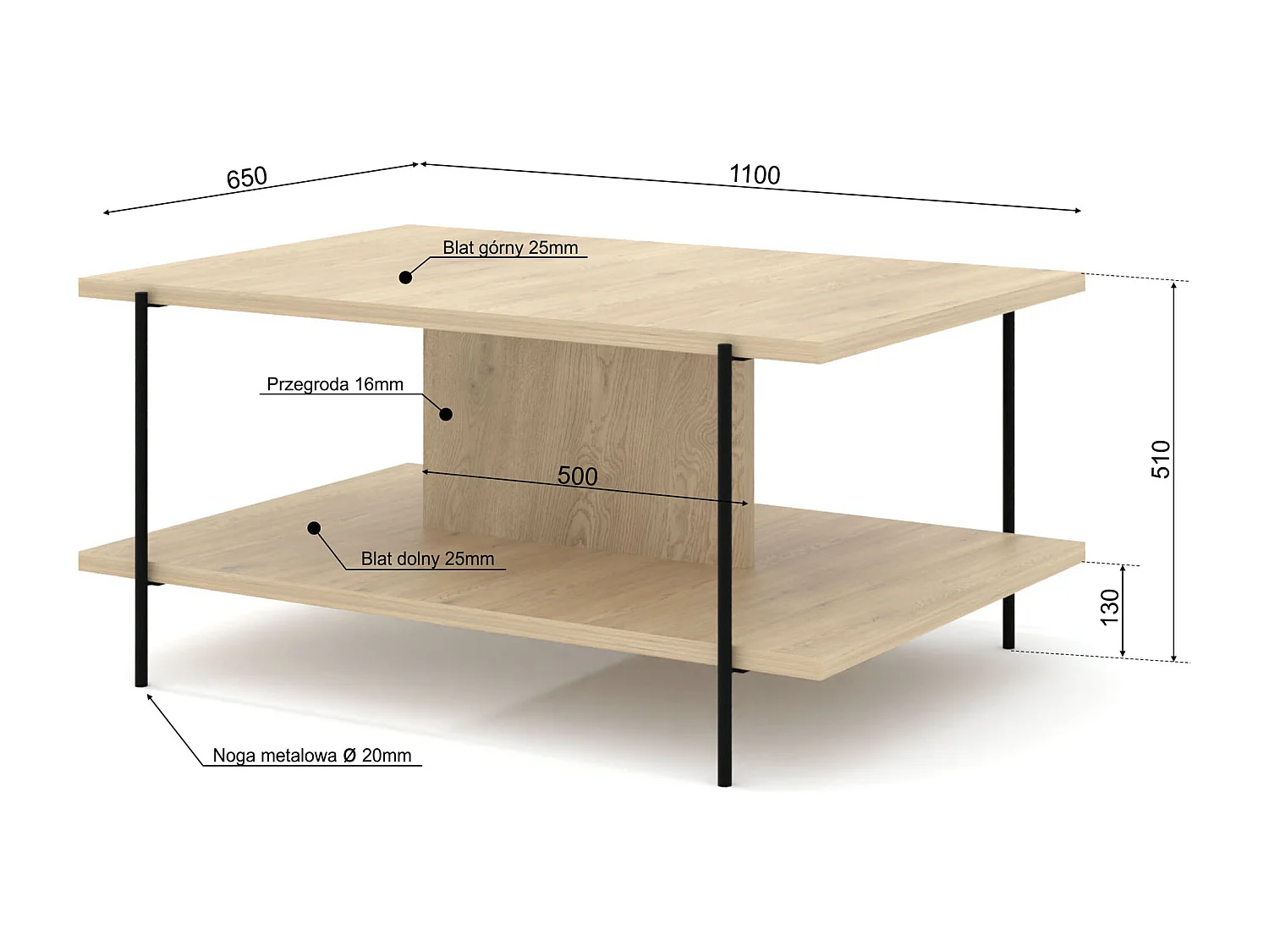 Dragonfly salontafel – Eik Cremona, moderne tafel met metalen poten