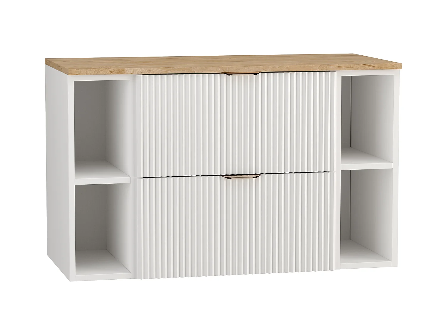 Biały Zestaw Łazienkowy 100cm Szafka Blat Orzech Regały Ryflowane Fronty