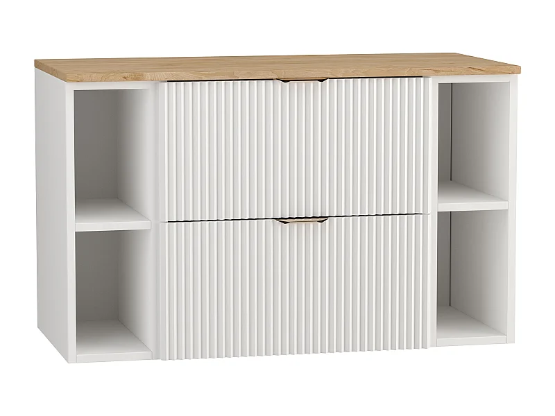 Biały Zestaw Łazienkowy 100cm Szafka Blat Orzech Regały Ryflowane Fronty