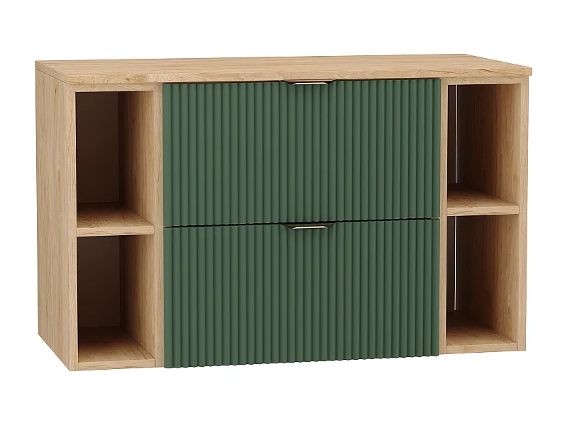 Zielony Zestaw Łazienkowy 100cm Szafka Blat Orzech Regały Orzech Ryflowane Fronty