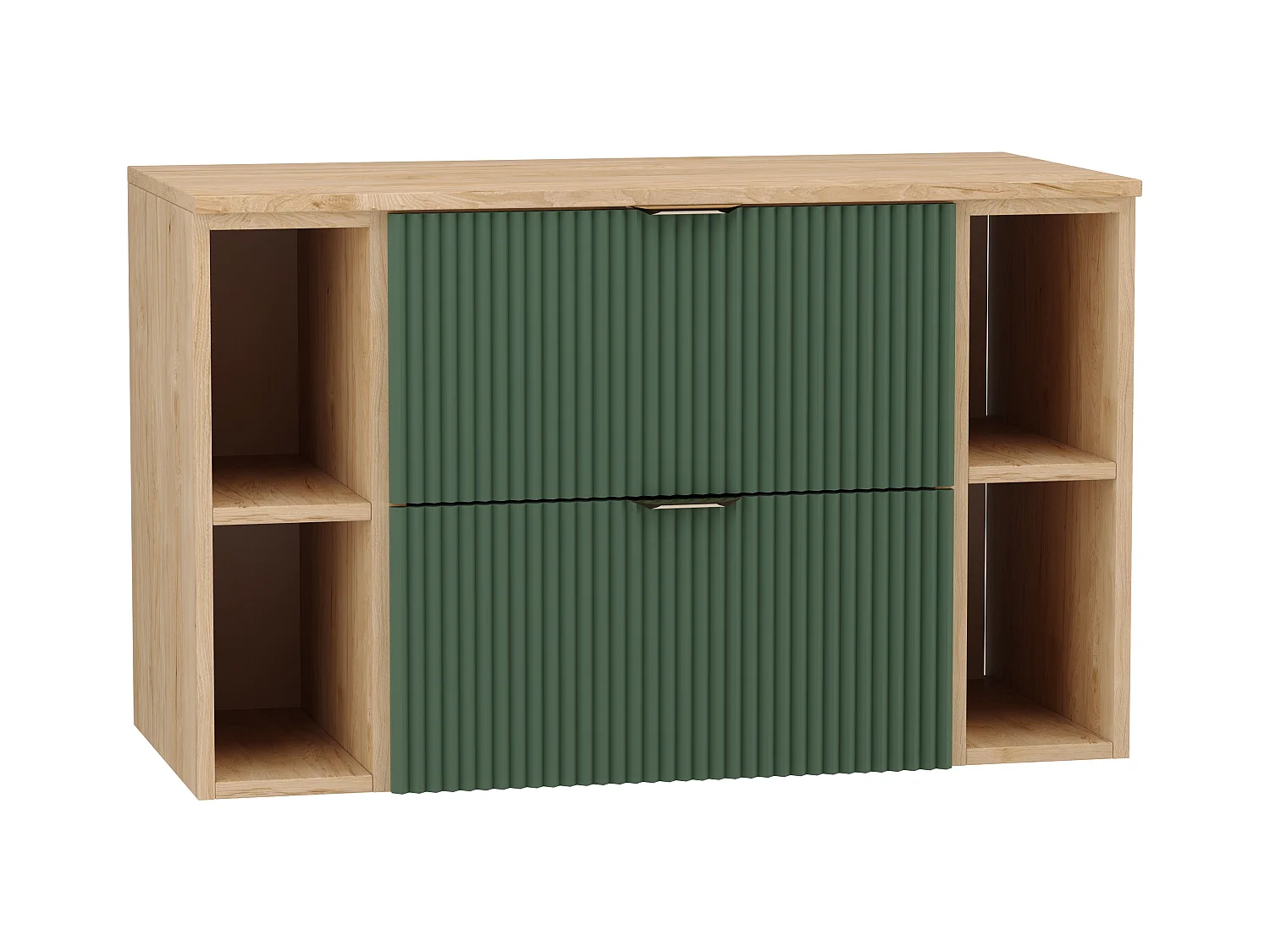 Zielony Zestaw Łazienkowy 100cm Szafka Blat Orzech Regały Orzech Ryflowane Fronty