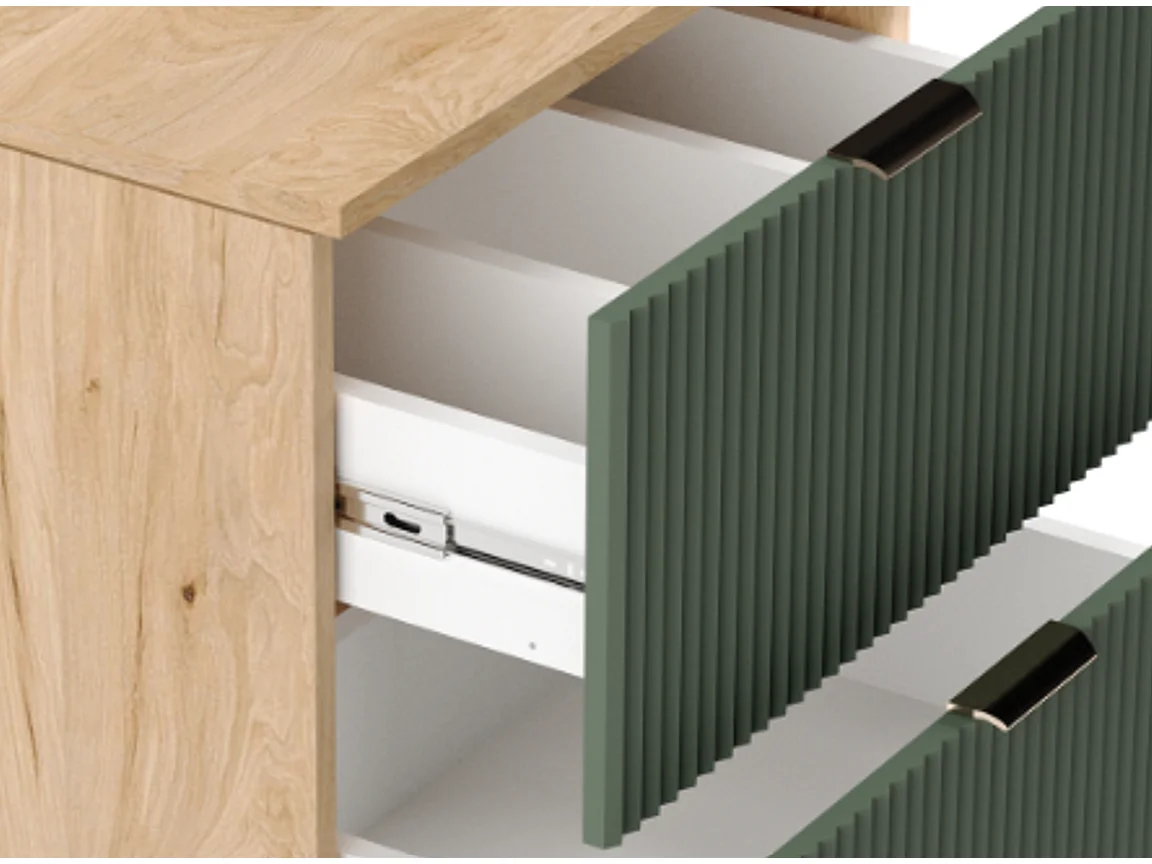 Zielony Zestaw Łazienkowy 100cm Szafka Blat Orzech Regały Orzech Ryflowane Fronty