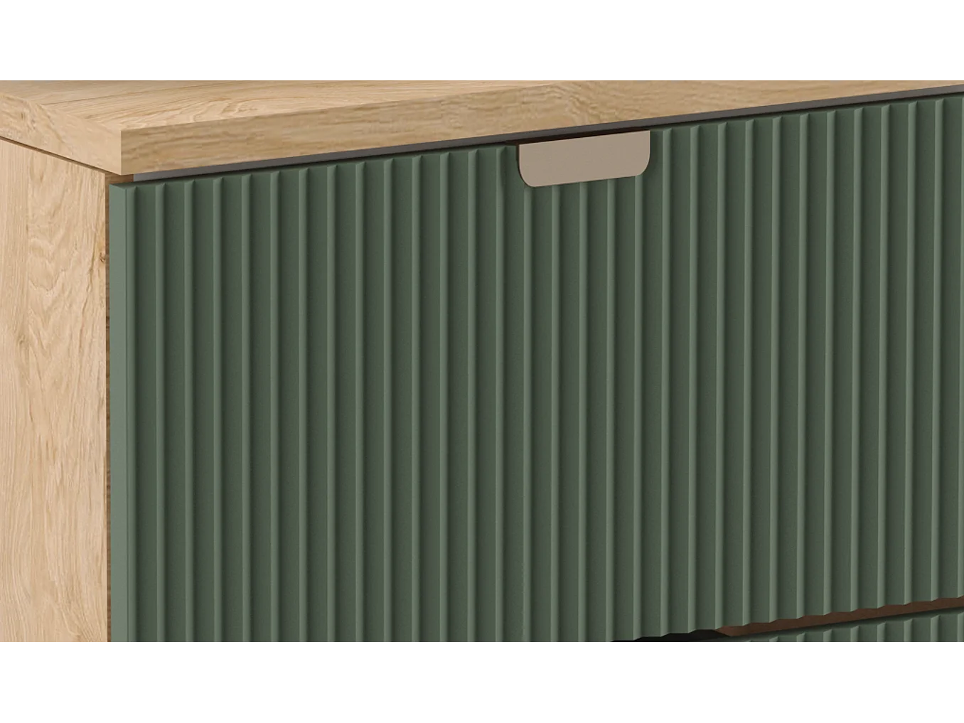 Zielony Zestaw Łazienkowy 100cm Szafka Blat Orzech Regały Orzech Ryflowane Fronty