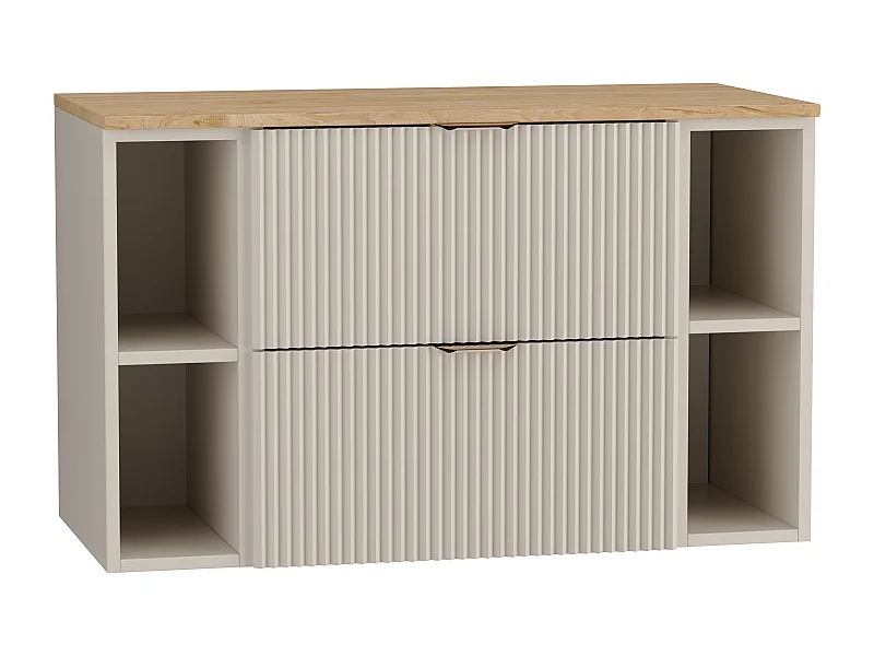 Kaszmirowy Zestaw Łazienkowy 100cm Szafka Blat Orzech Regały Ryflowane Fronty