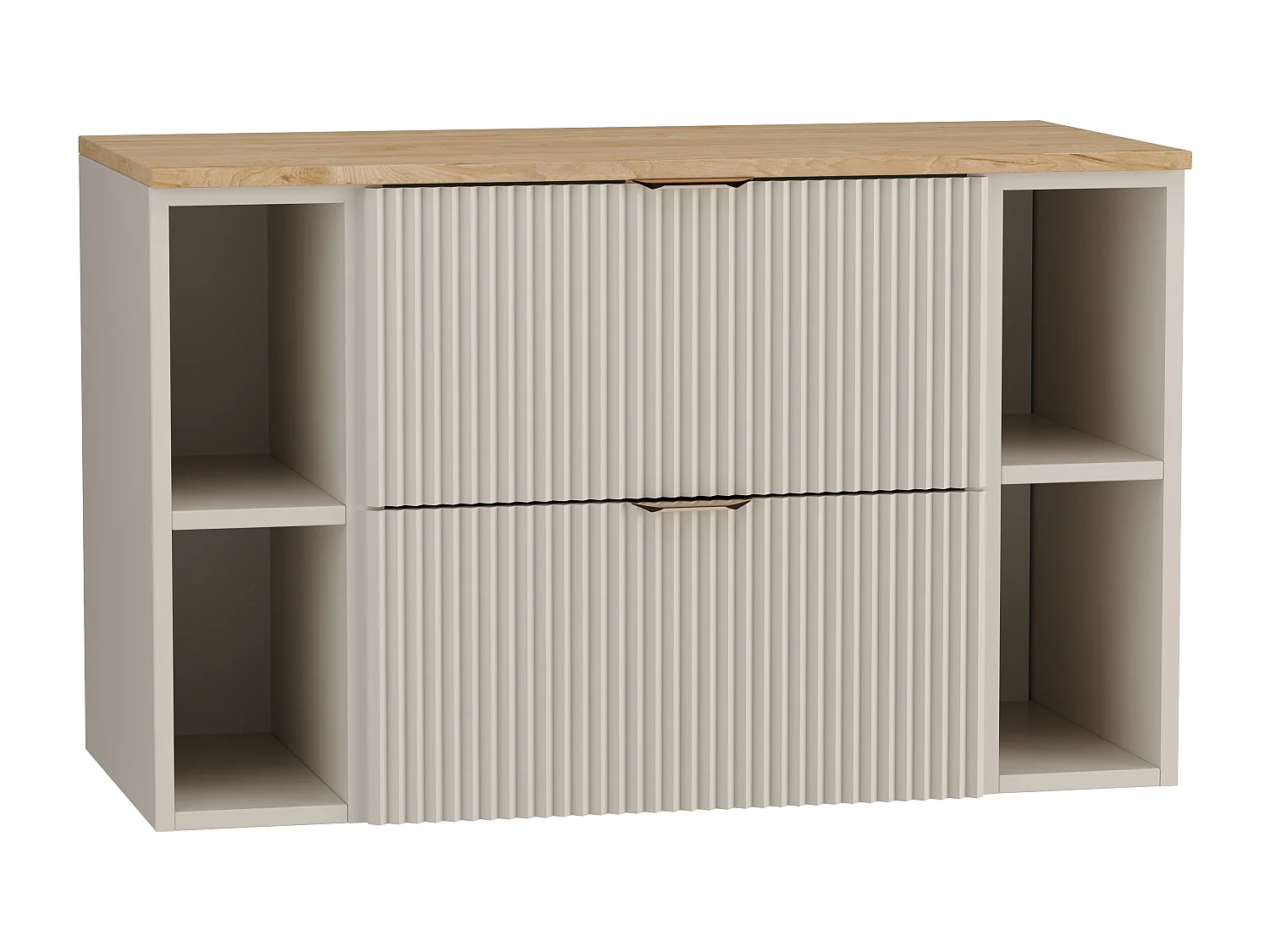 Kaszmirowy Zestaw Łazienkowy 100cm Szafka Blat Orzech Regały Ryflowane Fronty