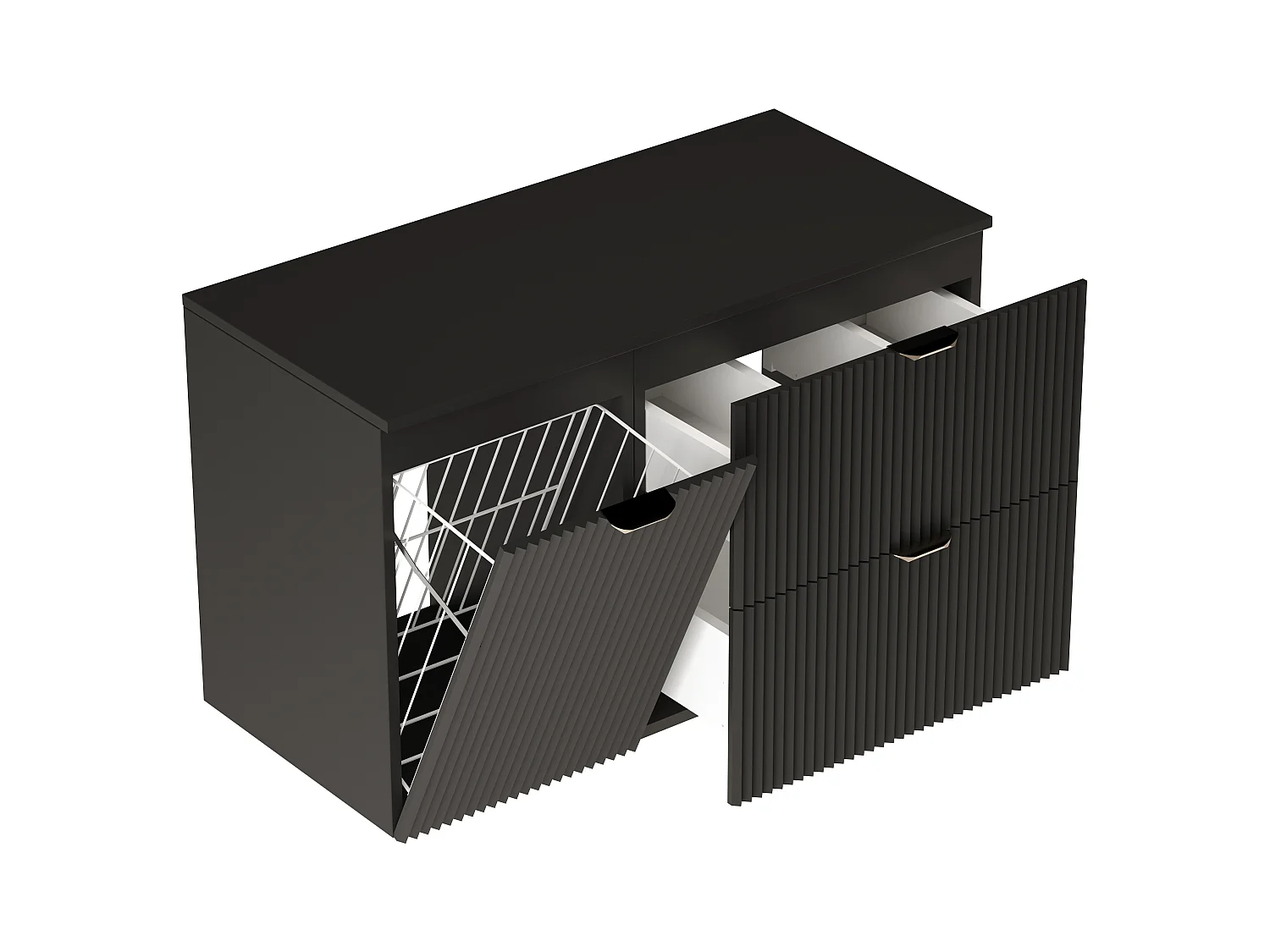 Czarny Zestaw do Łazienki 100cm Szafka Blat Czarny Szafka z Koszem Ryflowane Fronty