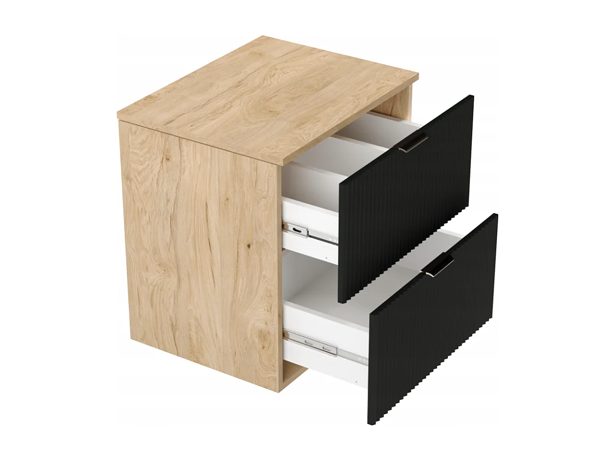 Czarny Zestaw Łazienkowy 100cm Szafka Blat Orzech Regały Orzech Ryflowane Fronty