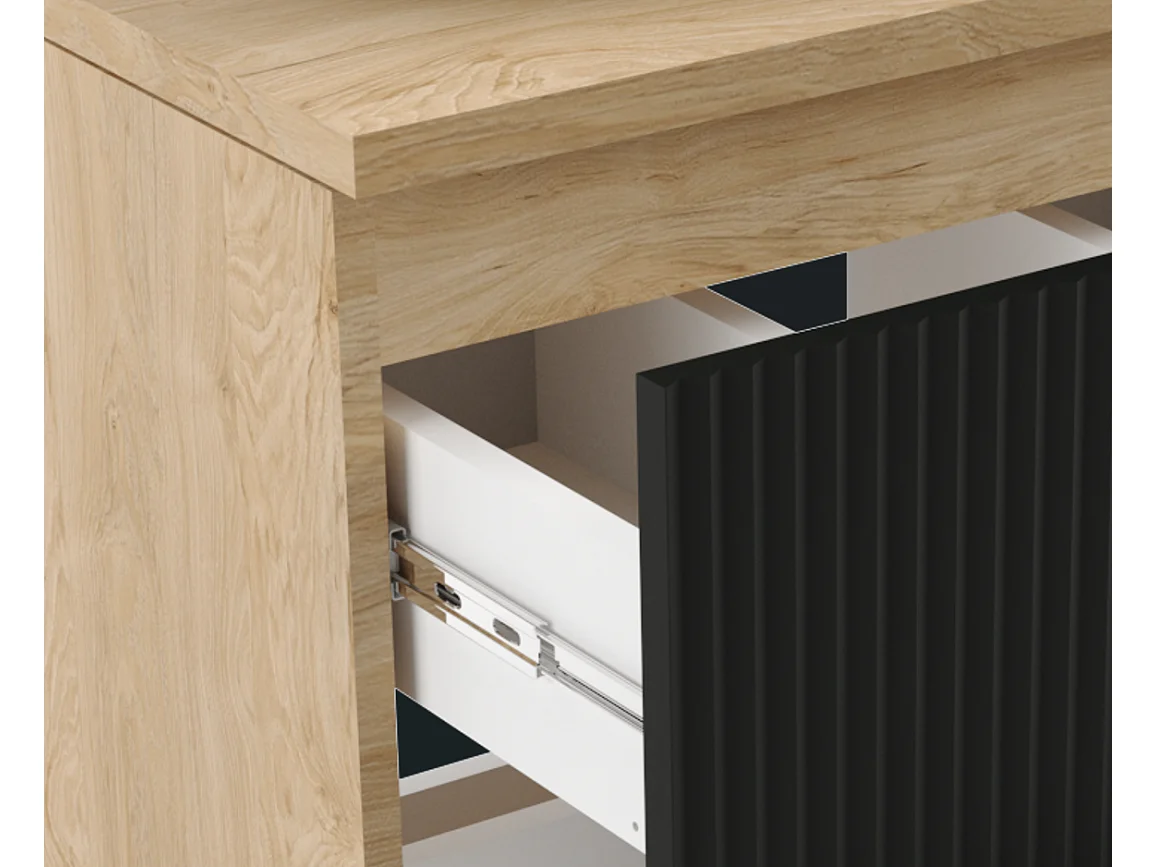 Czarny Zestaw Łazienkowy 100cm Szafka Blat Orzech Regały Orzech Ryflowane Fronty