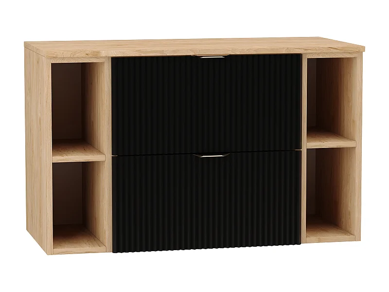 Czarny Zestaw Łazienkowy 100cm Szafka Blat Orzech Regały Orzech Ryflowane Fronty