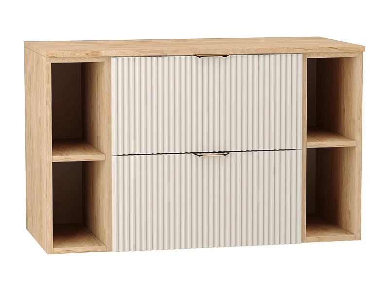 Kaszmirowy Zestaw Łazienkowy 100cm Szafka Blat Orzech Regały Orzech Ryflowane Fronty