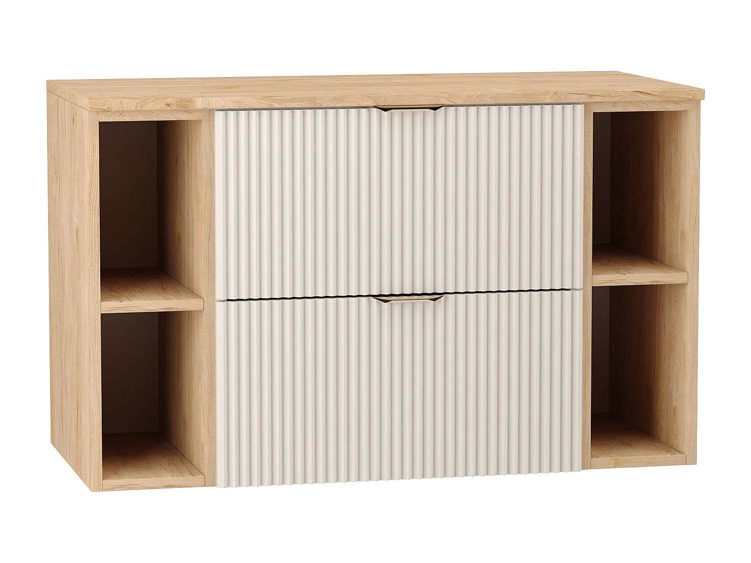 Kaszmirowy Zestaw Łazienkowy 100cm Szafka Blat Orzech Regały Orzech Ryflowane Fronty