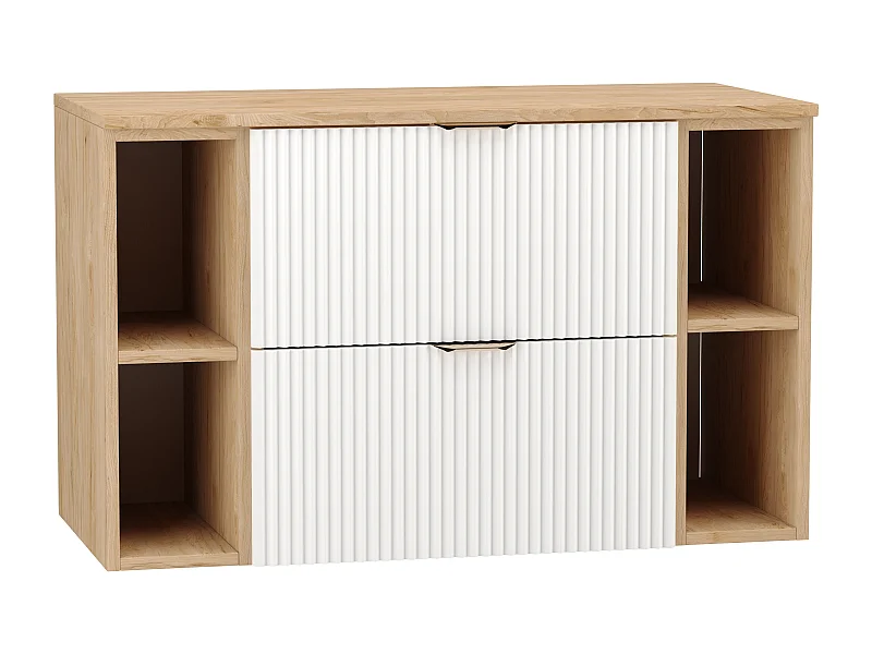 Biały Zestaw Łazienkowy 100cm Szafka Blat Orzech Regały Orzech Ryflowane Fronty