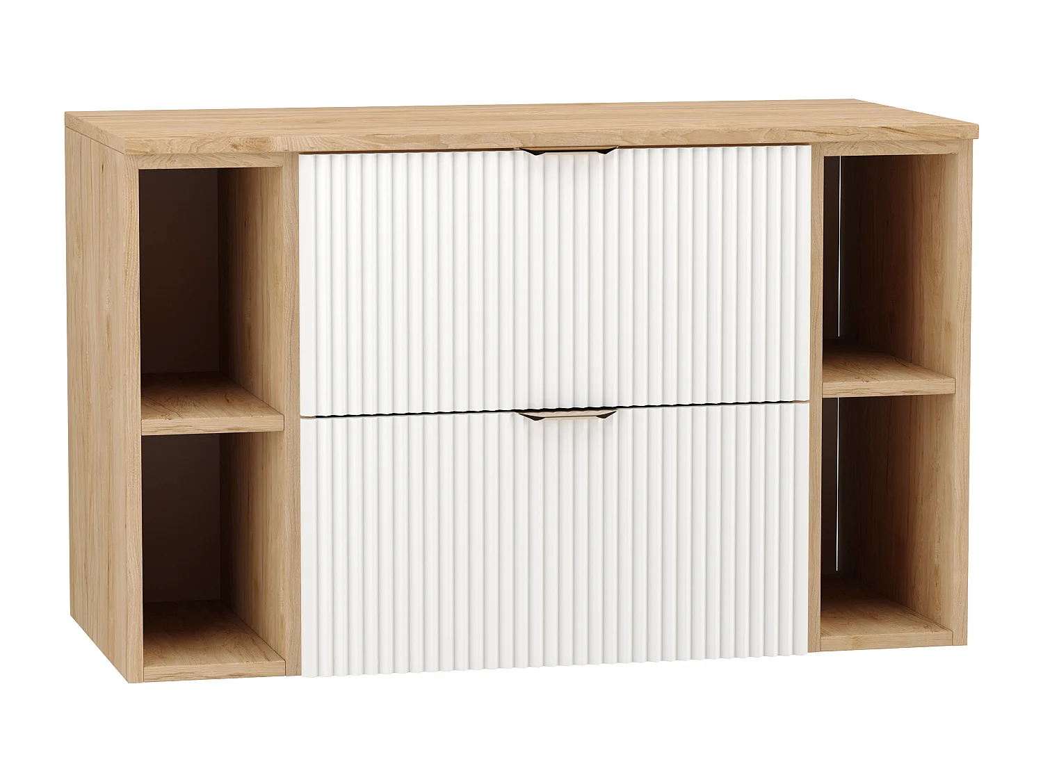 Biały Zestaw Łazienkowy 100cm Szafka Blat Orzech Regały Orzech Ryflowane Fronty