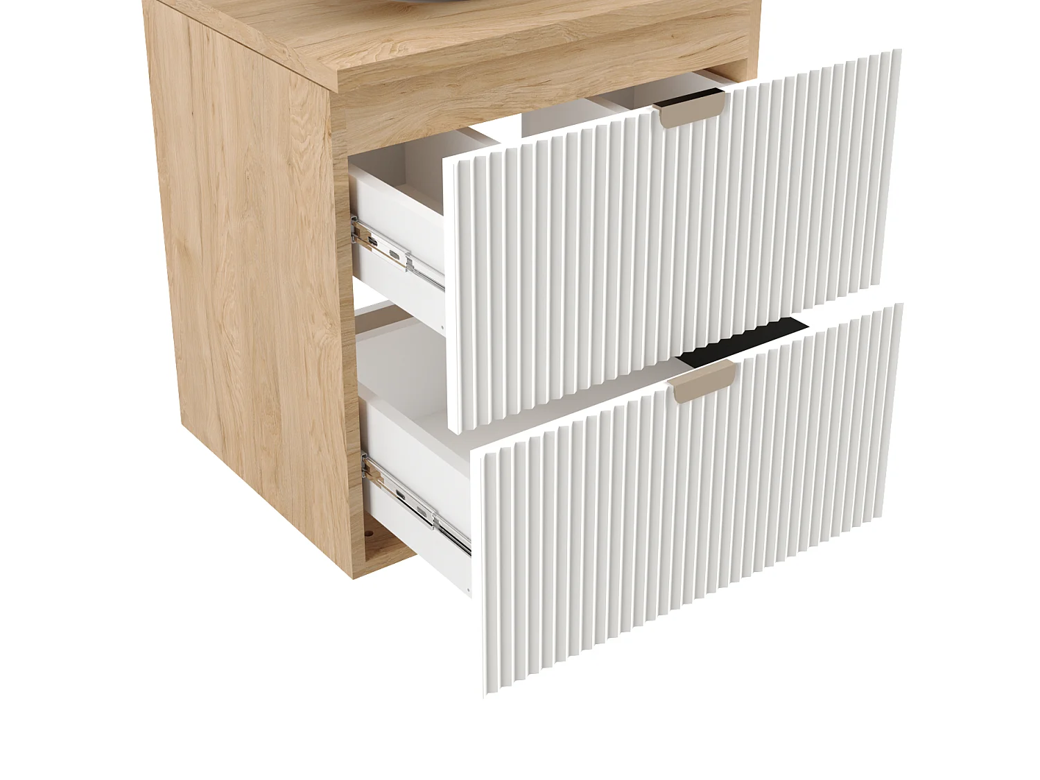 Biały Zestaw Łazienkowy 100cm Szafka Blat Orzech Regały Orzech Ryflowane Fronty