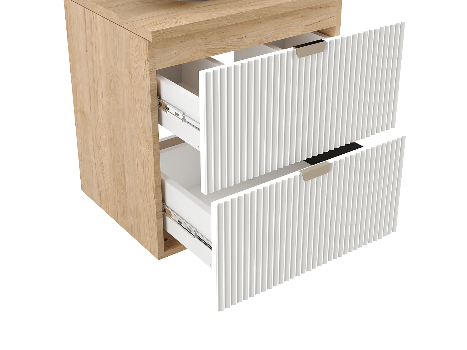 Set da bagno bianco 100 cm Mobile Piano di lavoro Noce Scaffali Noce Frontali scanalati