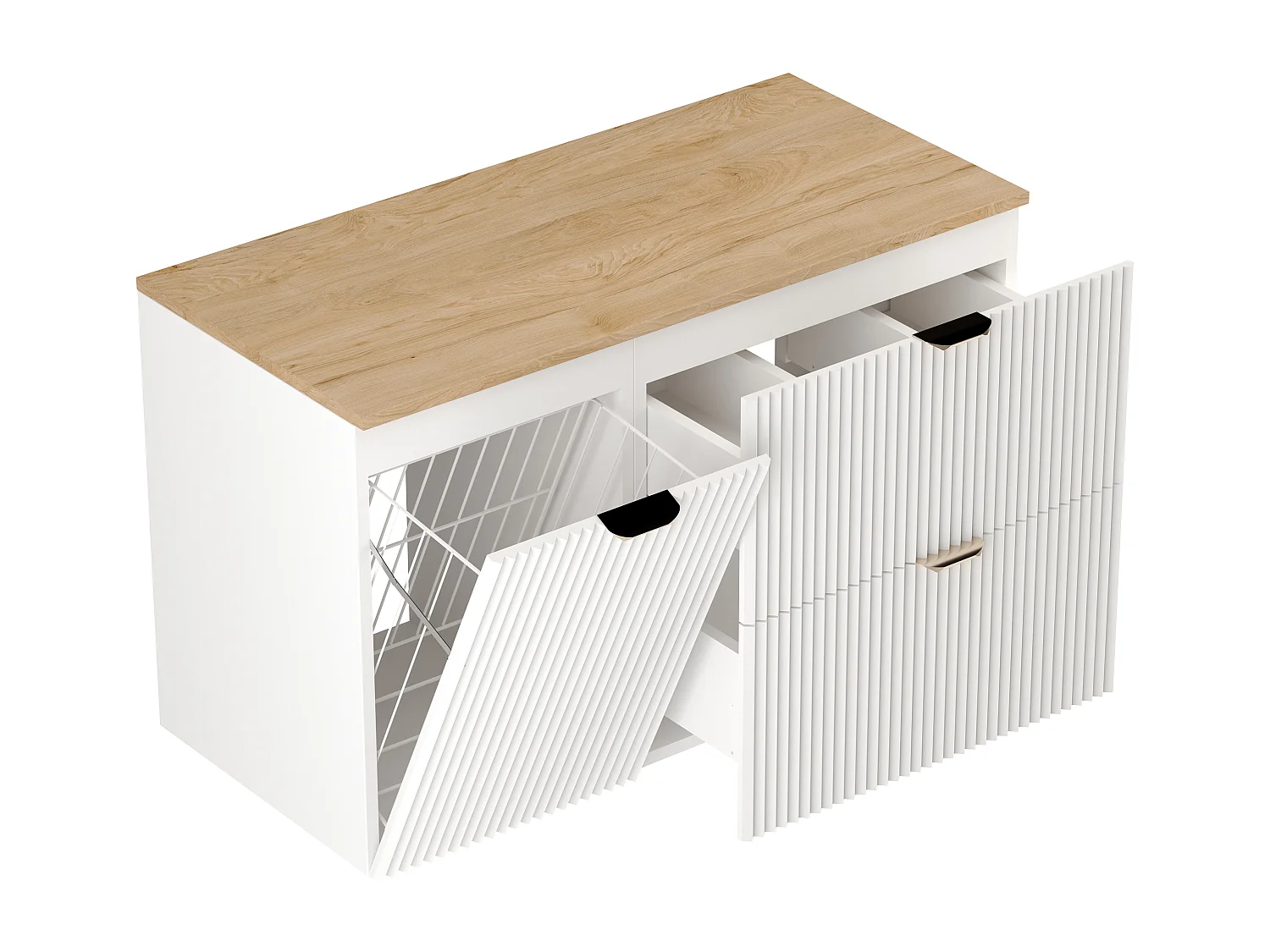 Biały Zestaw do Łazienki 100cm Szafka pod Umywalkę Blat Szafka z Koszem Ryflowane Fronty