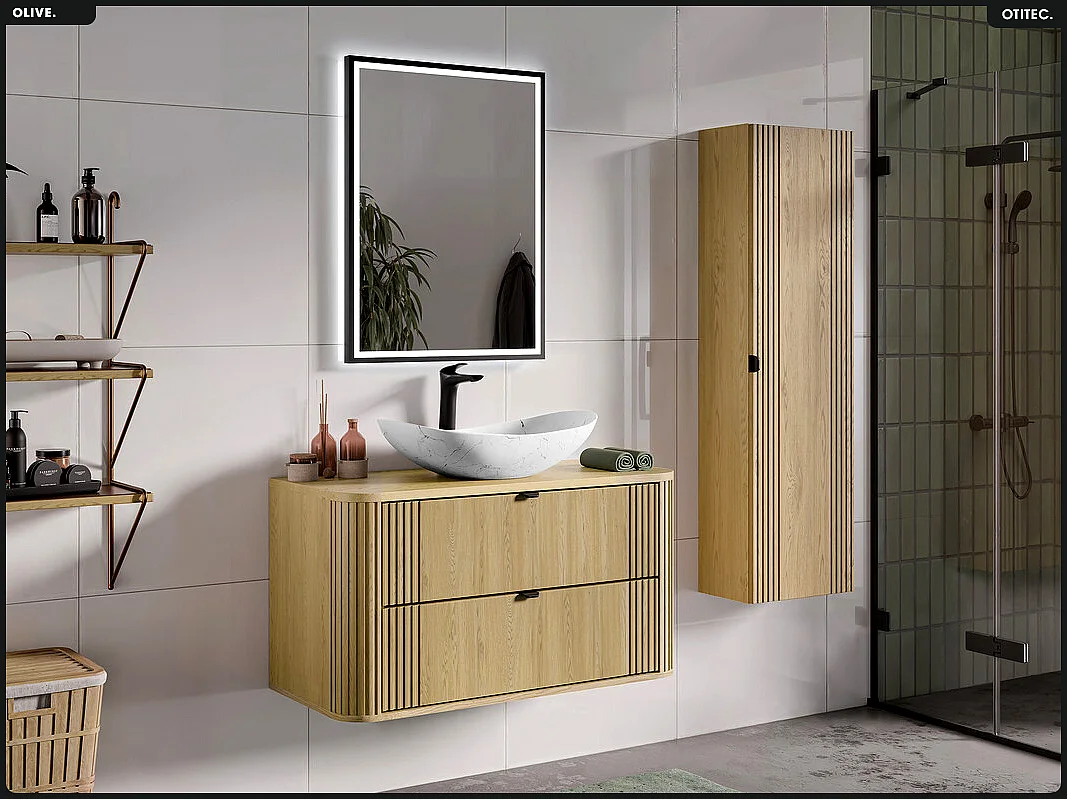 Ensemble de meubles sous vasque - 100 cm - avec Plan - Vasque - OLIVE - Chêne