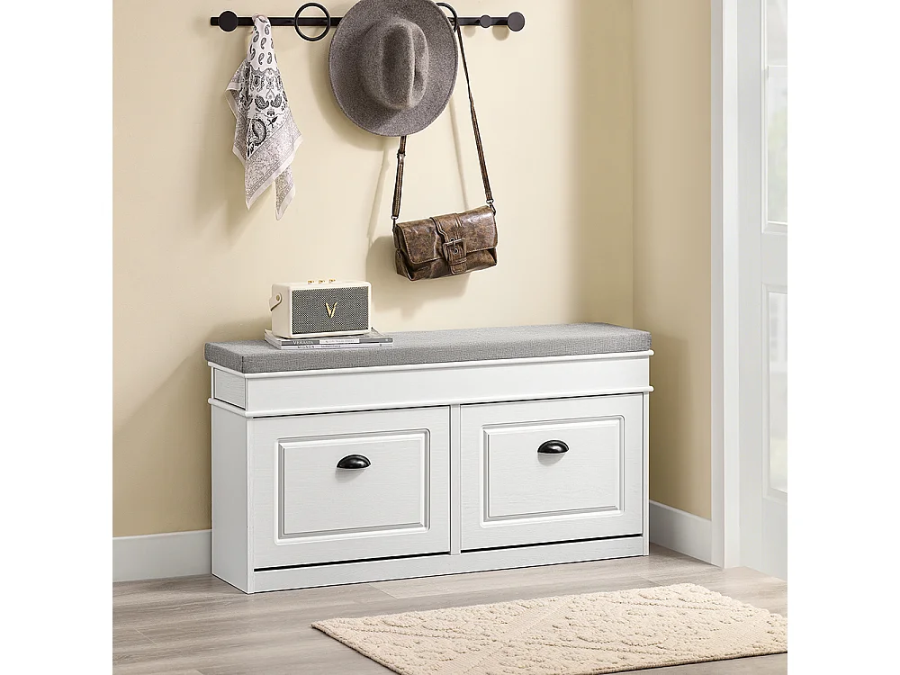 SoBuy Banc de Rangement à Chaussures 2 Abattants avec Coussin en Bois Vieilli Blanc