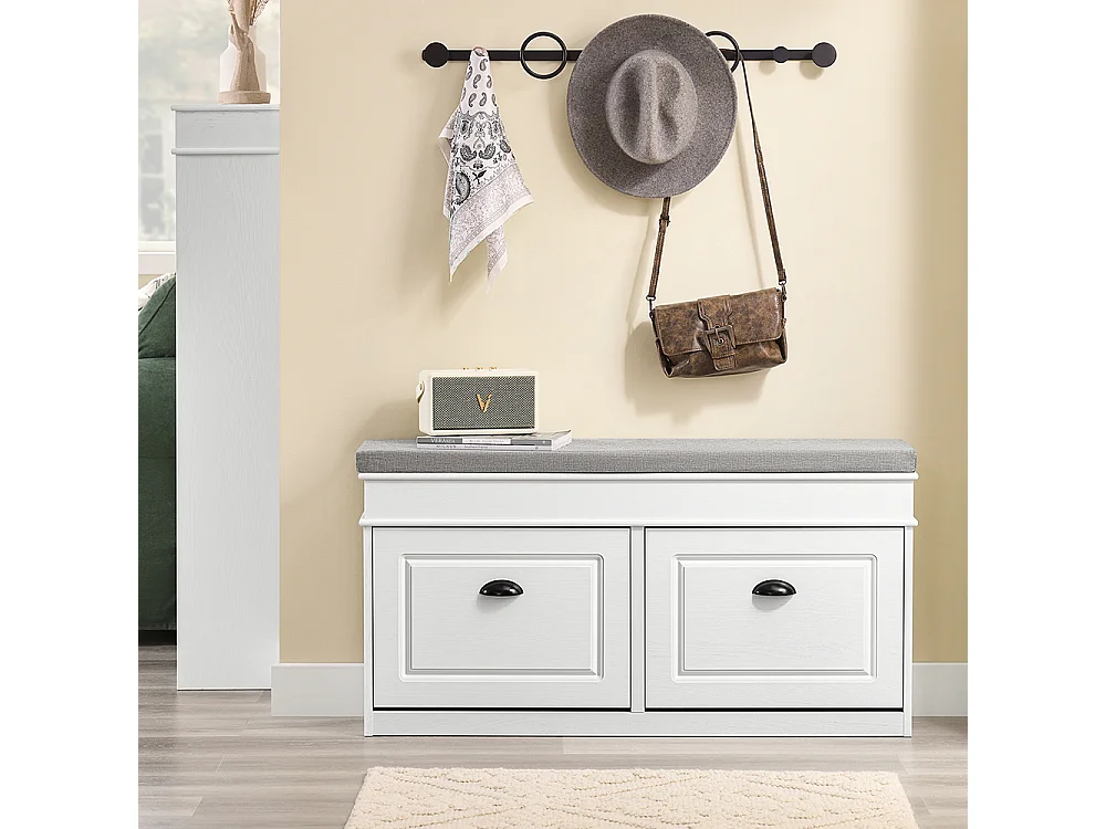 SoBuy Banc de Rangement à Chaussures 2 Abattants avec Coussin en Bois Vieilli Blanc