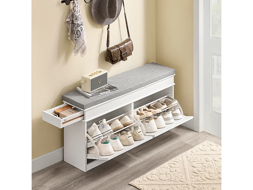 SoBuy Banc de Rangement à Chaussures 2 Abattants avec Coussin en Bois Vieilli Blanc