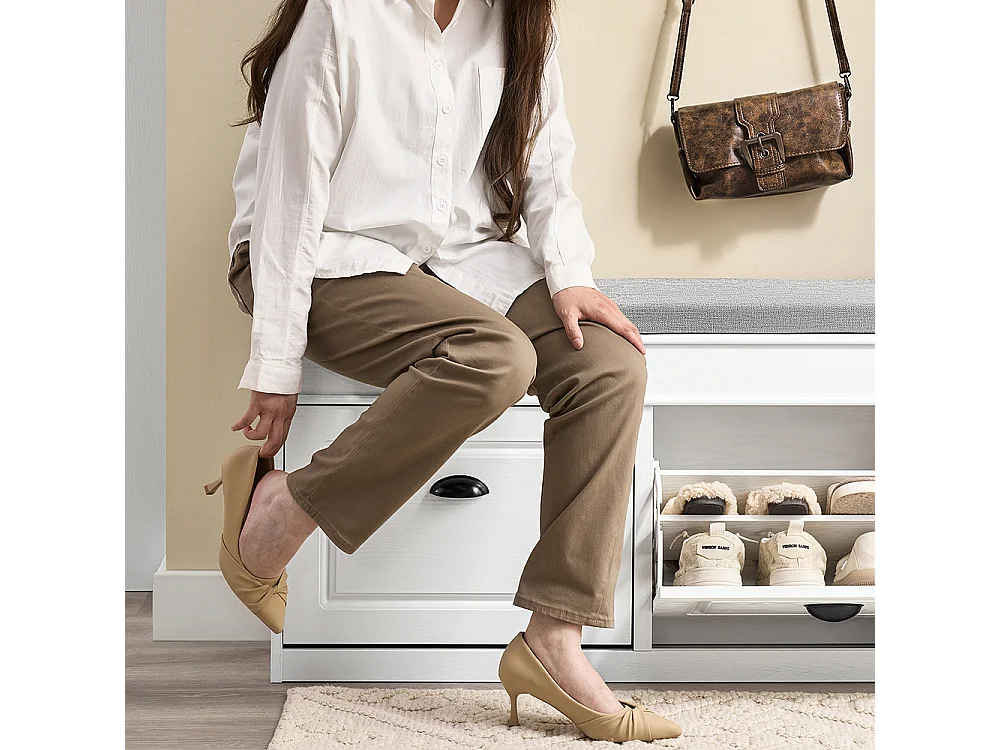 SoBuy Banc de Rangement à Chaussures 2 Abattants avec Coussin en Bois Vieilli Blanc
