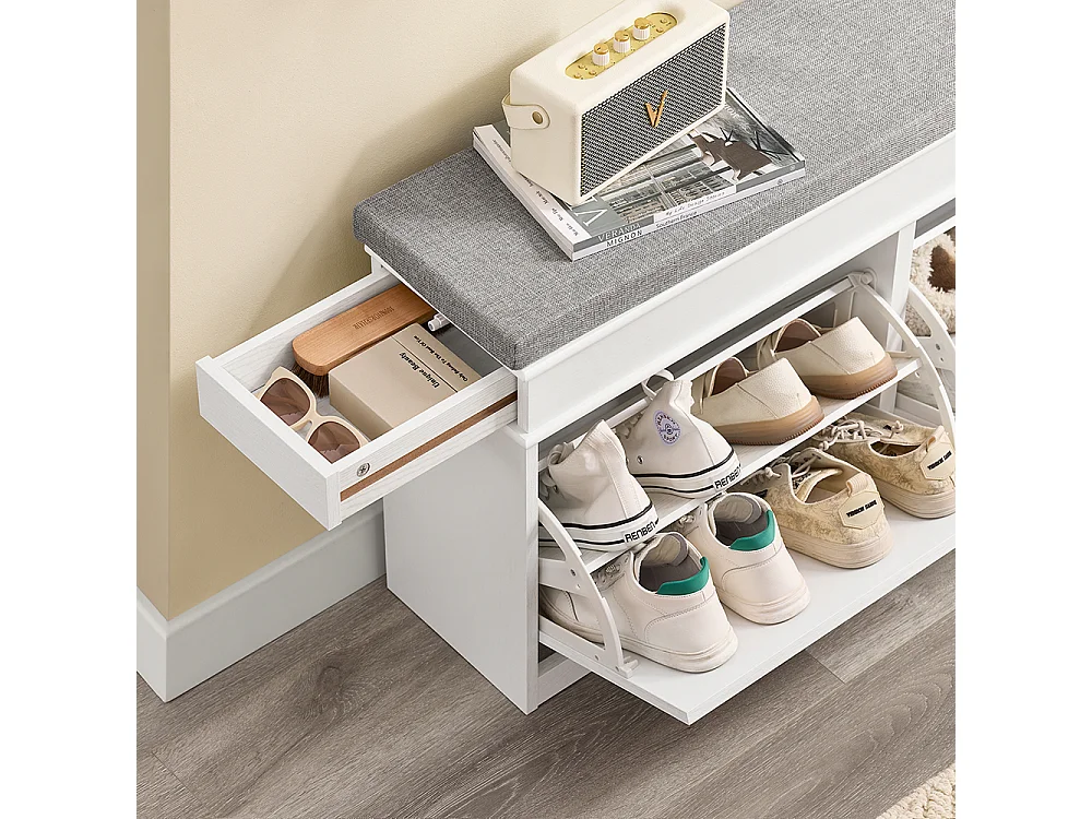 SoBuy Banc de Rangement à Chaussures 2 Abattants avec Coussin en Bois Vieilli Blanc