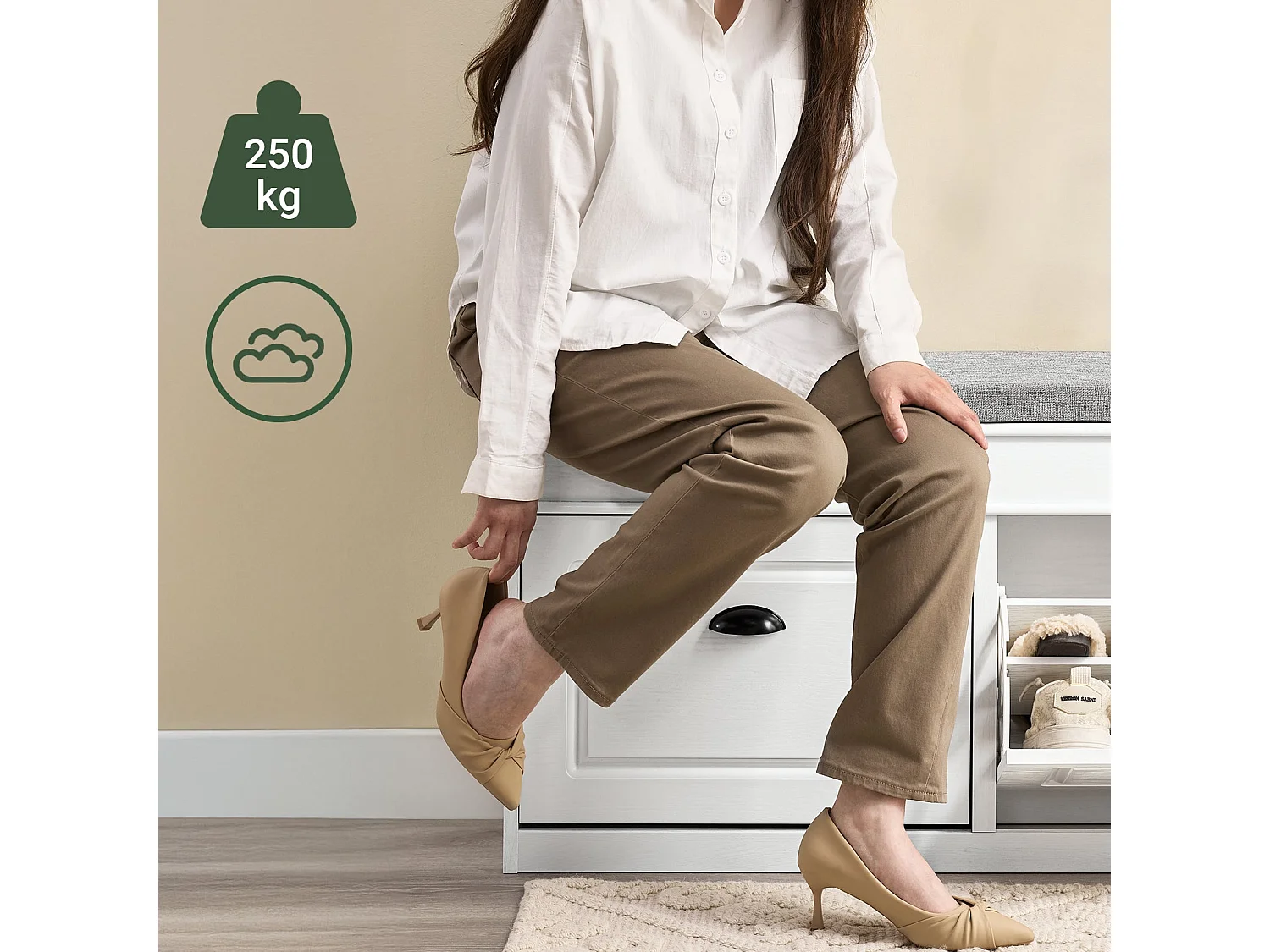 SoBuy Banc de Rangement à Chaussures 2 Abattants avec Coussin en Bois Vieilli Blanc