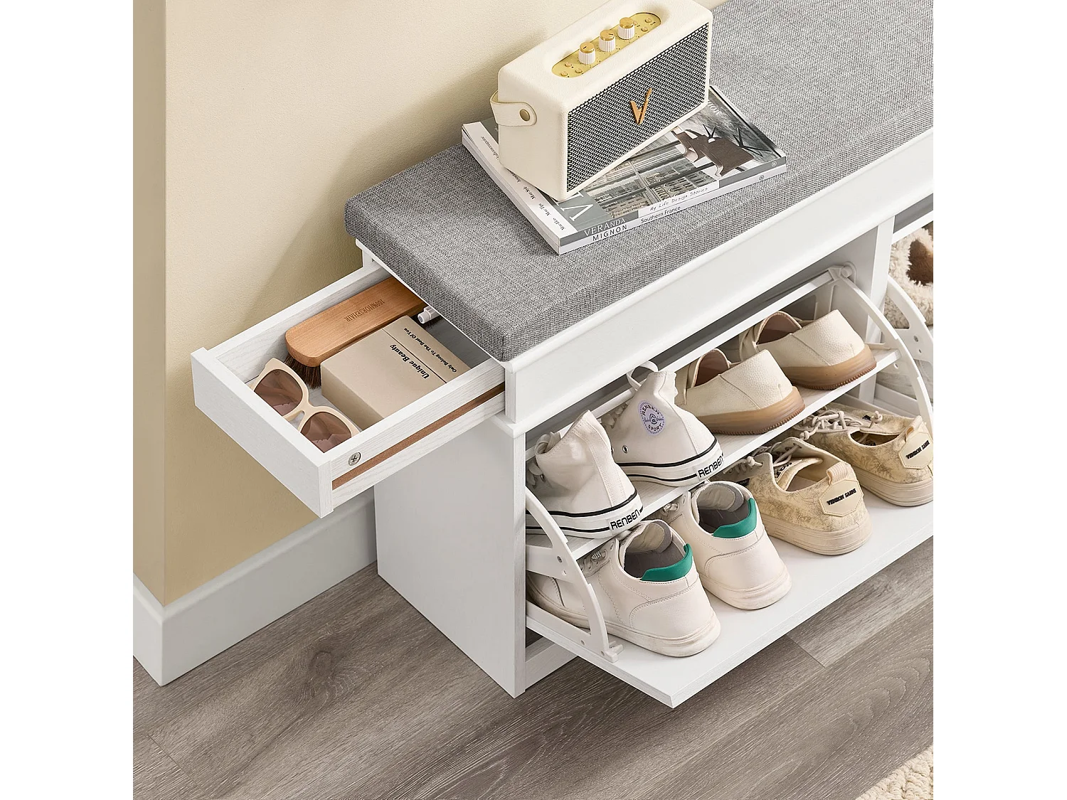 SoBuy Banc de Rangement à Chaussures 2 Abattants avec Coussin en Bois Vieilli Blanc