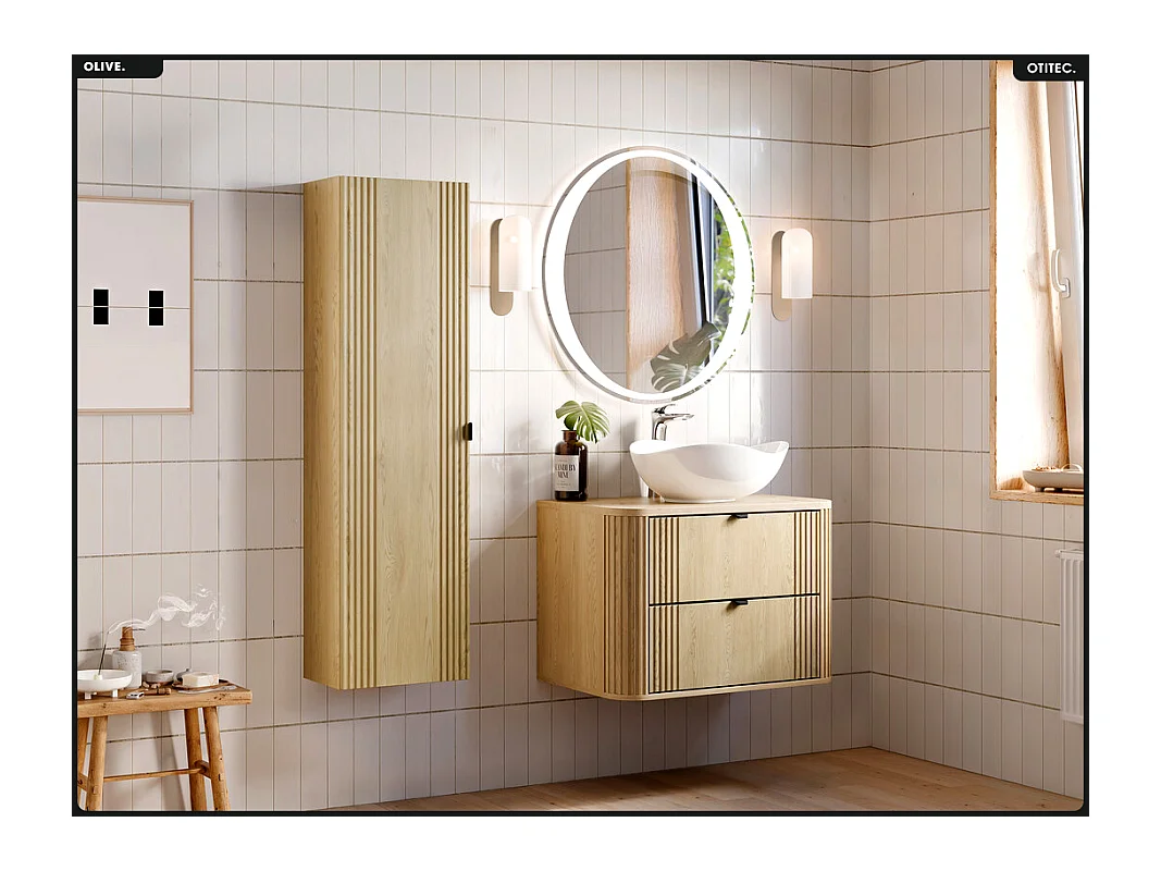 Ensemble de meubles sous vasque - 80 cm - avec Plan - Colonne - OLIVE - Chêne