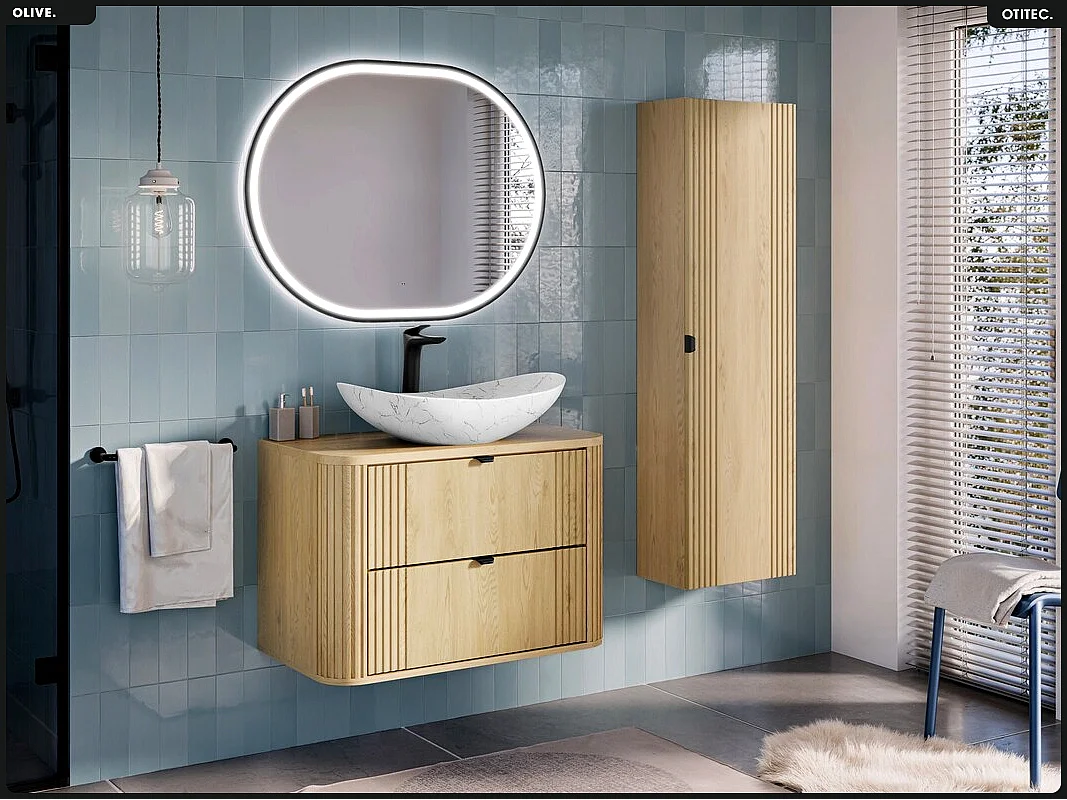 Ensemble de meubles sous vasque - 80 cm - avec Plan - Colonne - OLIVE - Chêne